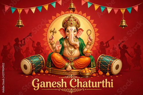 Ganesh chaturthi lord ganesha puja celebration with seated deity drums bells festive bunting dancing silhouettes red background sweets and traditional indian decoration