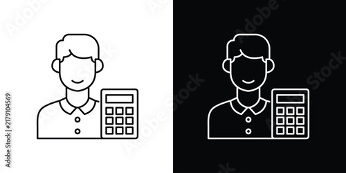 Male accountant holding calculator icon on white and black background