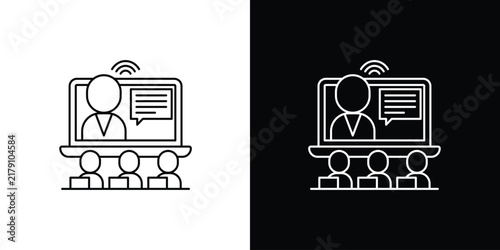Single icon of online conference or webinar on a laptop screen with an audience viewing from their seats