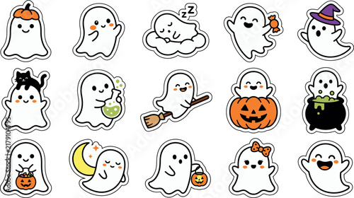 Set of cute hand drawn ghost characters for halloween celebration featuring various poses and accessories like pumpkins and witch hats