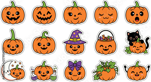 Set of cute hand drawn halloween pumpkin characters with various facial expressions and festive accessories on a white background isolated