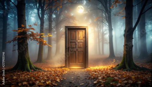 Surreal Wooden Door as a Magical Portal in a Misty Autumn Forest with Glowing Light