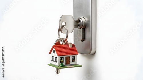House key inserted in door lock with a miniature house keychain dangling below