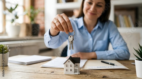 Smiling woman holding house keys over a contract document and miniature house model on desk