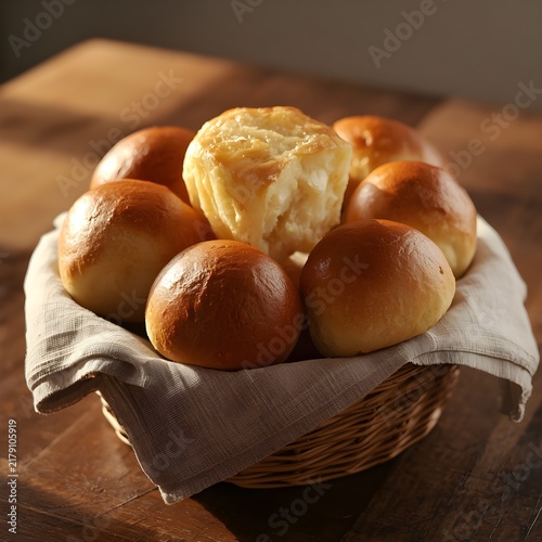 Deliciously baked golden brown bread rolls served in a rustic woven basket with a linen napkin, perfect for any meal