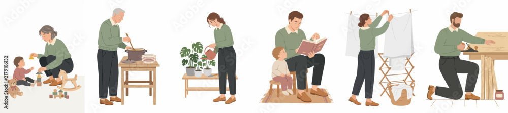 Fototapeta premium Set of flat vector illustrations showing people performing daily household activities, such as childcare, cooking, gardening, reading, laundry, and sewing.