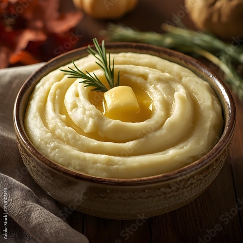 Creamy Mashed Potatoes with Melting Butter and Fresh Rosemary Garnish in a Rustic Bowl