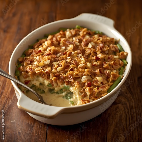Classic Creamy Green Bean Casserole with Golden Crispy Fried Onion Topping, a Beloved Comforting Side Dish Perfect for Holiday Meals and Festive Family Gatherings