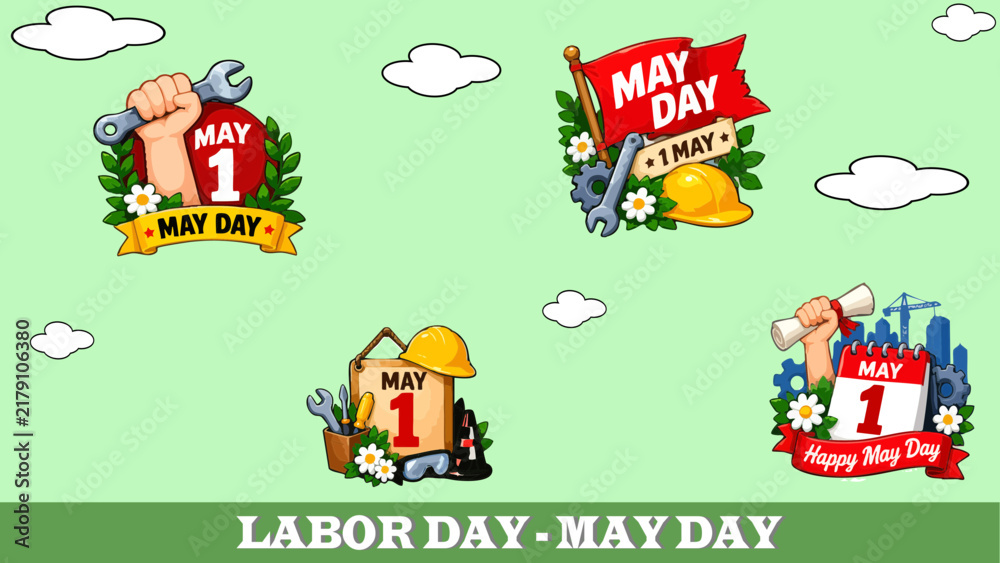 Fototapeta premium Colorful May Day and Labor Day holiday illustration set featuring diverse workers, construction equipment, safety helmets, tools, and festive May Day badges
