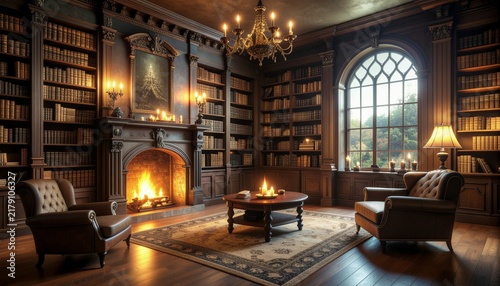 Cozy vintage library interior with burning fireplace classic wooden bookshelves and armchairs