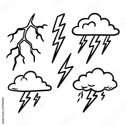 Hand drawn thunderstorm doodle elements with lightning bolts, storm clouds, rain drops and crack effects for weather graphics, posters, stickers, icons and creative design.