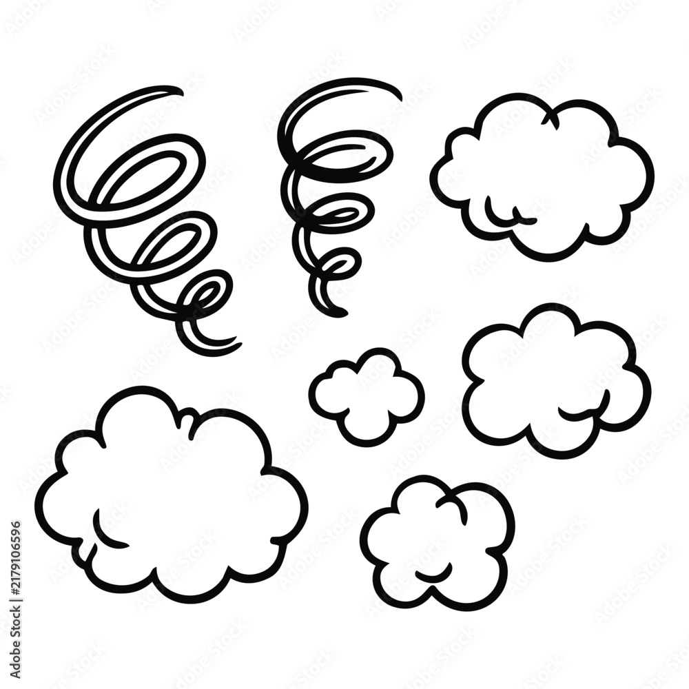 Obraz premium Hand drawn doodle collection featuring swirling tornado shapes and fluffy cloud elements in bold black line art for weather graphics, stickers, posters and creative designs.