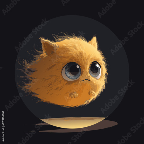 Fluffy orange monster character with big eyes, cute furry creature illustration, whimsical fantasy pet vector art on dark background