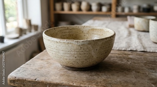 Ceramic craft bowl handmade from speckled earthenware clay rests on a weathered wooden table inside a brightly illuminated artisan pottery workshop.