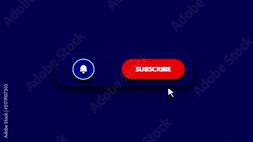 Subscribe button animation with mouse cursor click effect and bell icon against a dark background motion graphic loop
