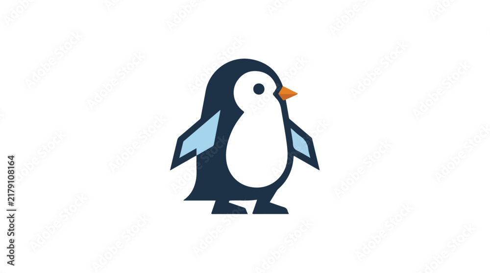 Fototapeta premium Penguin character with spread wings and orange beak poses on a plain background for creative projects.