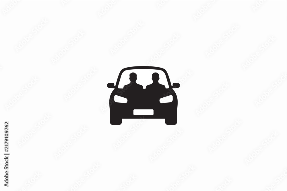 Obraz premium Car with driver and passenger icon in solid black style. Vector illustration for carpooling, ride sharing, and taxi service concept.