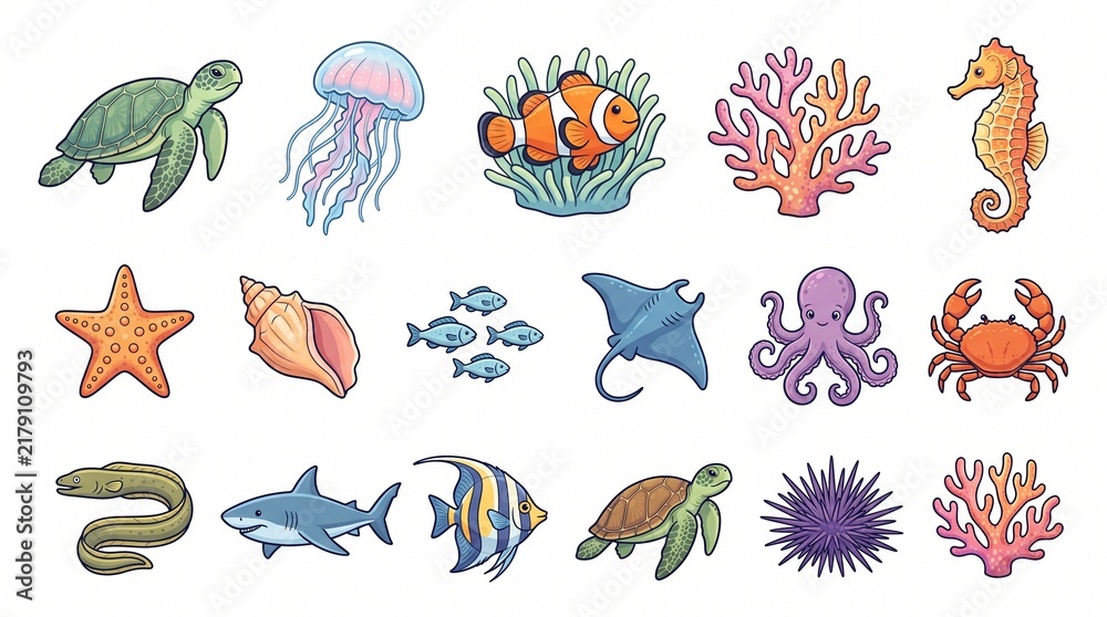 Obraz premium Colorful Underwater Sea Creatures and Marine Life Illustration Set