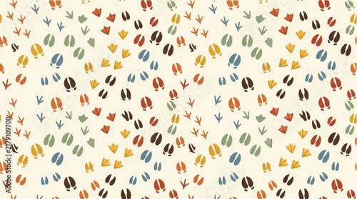 Animal tracks pattern shows a colorful seamless trail of deer hoofs and bird footprints arranged across a clean neutral surface.