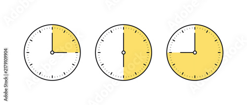 15, 30, and 45-minute clock concept. Three-step round clock interface. Analog clock set