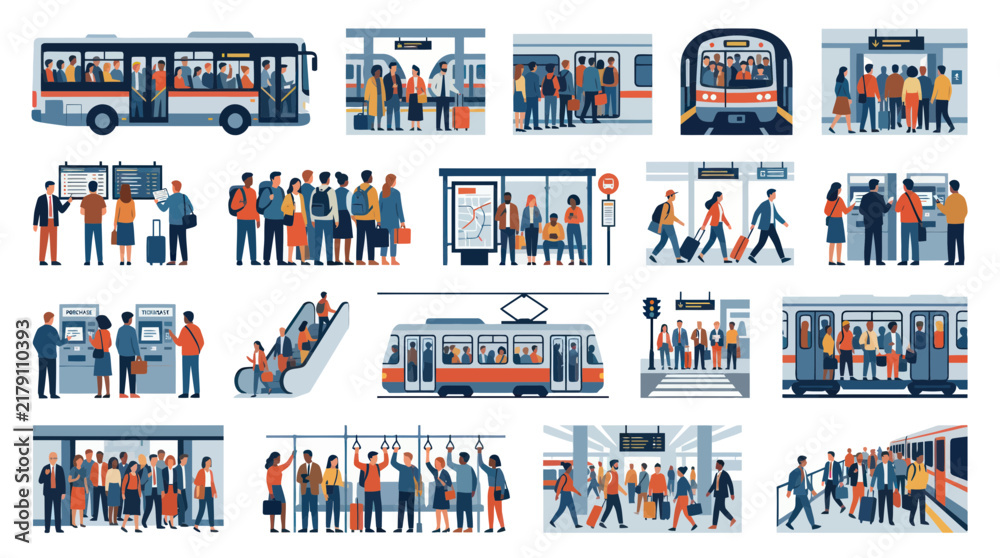 Fototapeta premium Public Transportation and Commuters Flat Vector Illustration. People Traveling by Bus, Train, Subway, and Tram in Urban Settings.