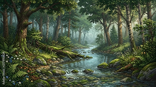 Sunlight streaming through lush green forest with a flowing river and mossy rocks