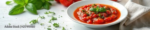 Rustic Italian tomato sauce, herbs, white table , yum, traditional, food