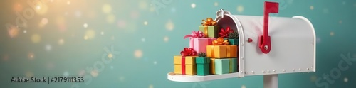 White mailbox overflowing with colorful gifts, wrapped, gifts