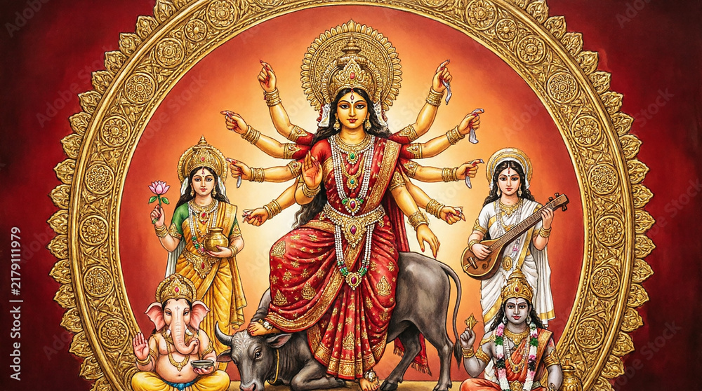 Fototapeta premium Durga maa with ganesha, lakshmi, saraswati, and kartikeya on bull in circular frame.