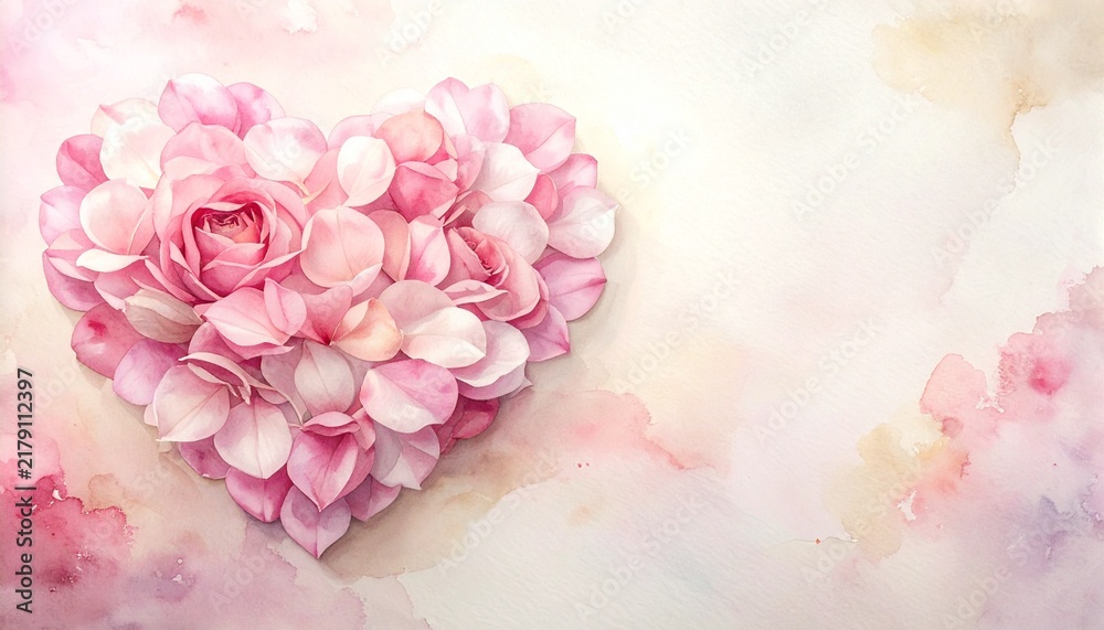 Fototapeta premium 左側に配置したピンクの薔薇の花びらハートとメッセージ用余白の水彩イラスト