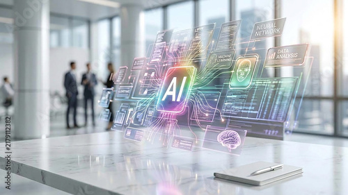 Naklejka 人工知能AIとデータ分析を活用するビジネスパーソン、未来的なデジタルテクノロジーとDXのイメージ