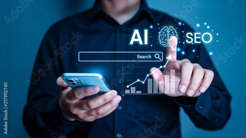 Ai and seo digital marketing concept with smartphone and business analytics interface