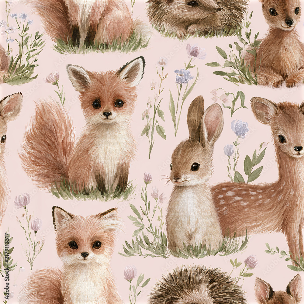 Obraz premium Cute forest animals seamless pattern with adorable fox, rabbit, deer, and hedgehog surrounded by soft flowers and grass