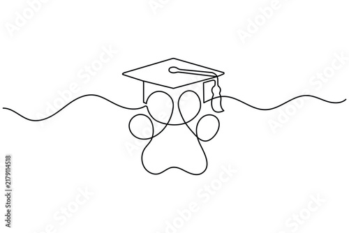 Paw graduation continuous line art showing an animal footprint wearing a graduation cap. Clean editable stroke vector.