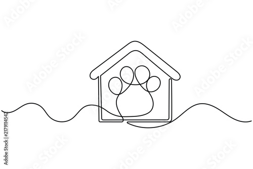 Paw house continuous line art showing an animal footprint inside a simple house roof outline. Clean editable stroke vector..