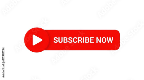 3d red subscribe button with play icon isolated on transparent background