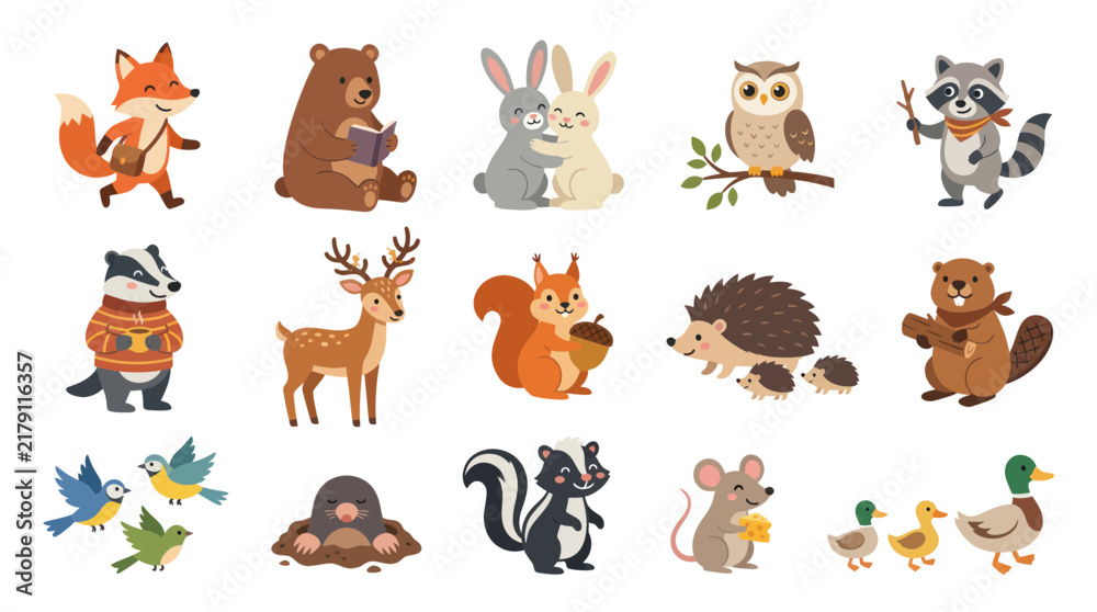 Fototapeta premium Cute Woodland Forest Animals Flat Vector Illustration Set Cartoon Fox, Bear, Rabbits, Deer, Owl, Squirrel More