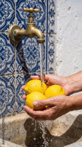 Hands washing fresh yellow lemons under running water from brass tap against blue ceramic tiles at Amalfi coast.