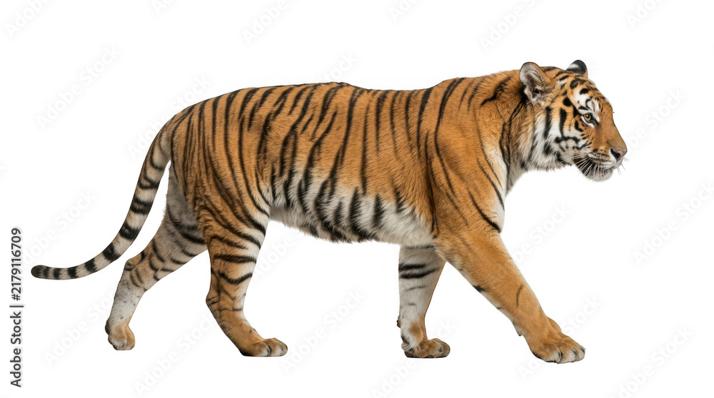 Fototapeta premium Full body side view of a majestic tiger walking, isolated on transparent background