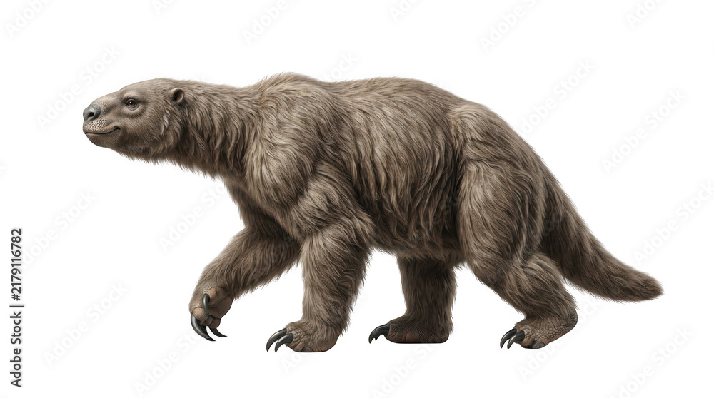 Fototapeta premium Realistic illustration of a giant ground sloth, an extinct prehistoric mammal, walking isolated on transparent background