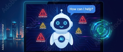 A welcoming ai chatbot displayed on a laptop screen providing helpful support while surrounded by system alerts and notifications in a contemporary digital setting.