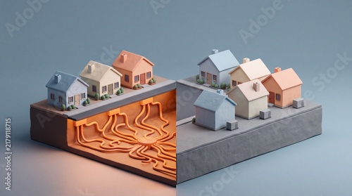 Fernwärmenetz verbindet Wohnhäuser unterirdisch im 3D-Modell