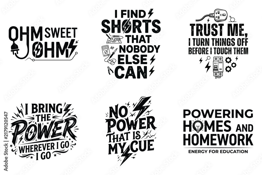 Fototapeta premium Electrical themed typographic designs with lightning bolts and circuit elements on a white background electricity