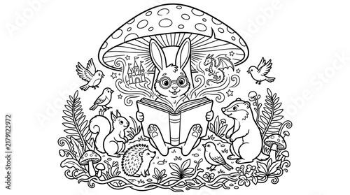 Curious rabbit reading a book under a mushroom, surrounded by woodland animals, castle and dragon fantasy