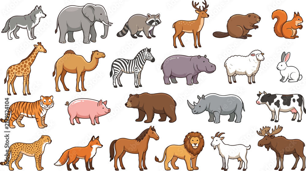 Fototapeta premium Set of cute cartoon wild and domestic animals collection featuring mammals, safari wildlife, and farm fauna isolated on a white background