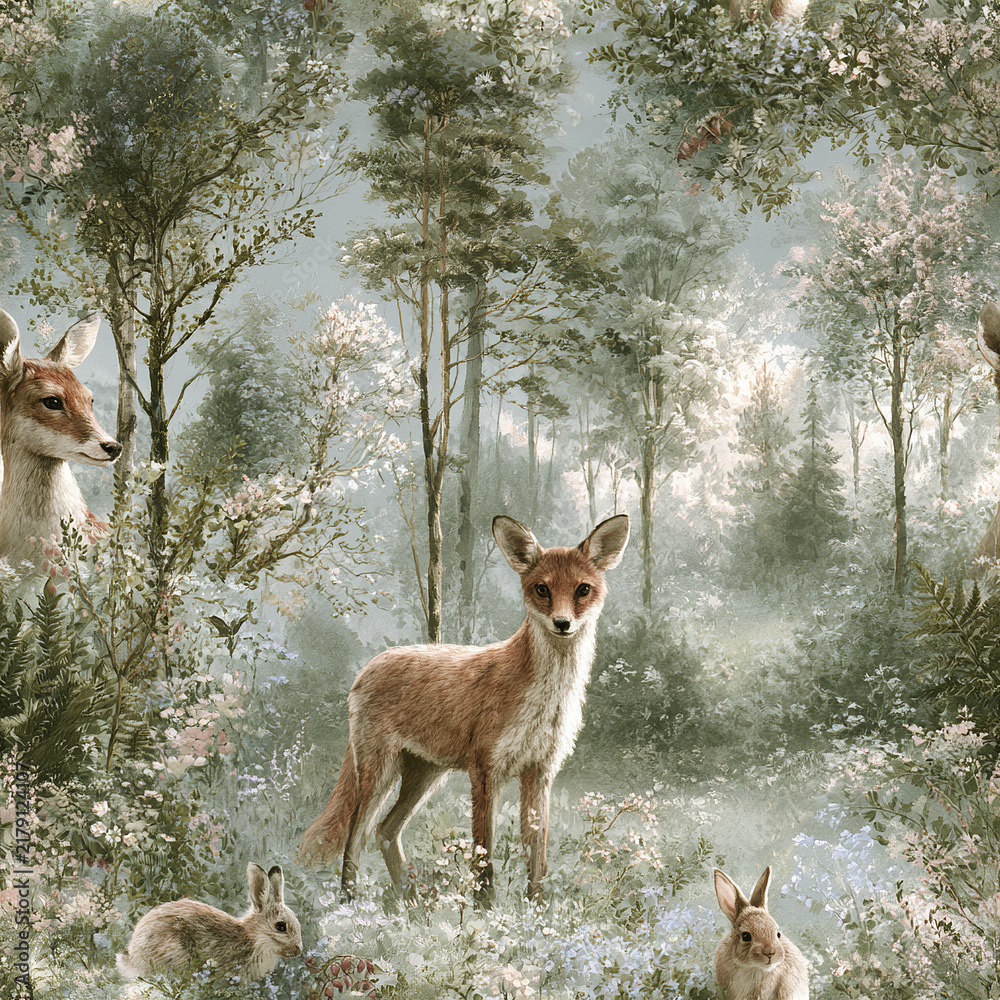 Fototapeta premium Gentle forest scene with graceful fox, deer, and rabbits surrounded by lush green trees and soft flowers in peaceful atmosphere