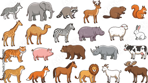 Photography Set of cute cartoon wild and domestic animals collection featuring mammals, safa