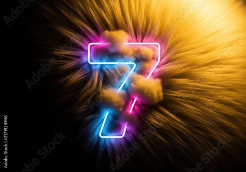 Neon number seven glowing in blue and pink light, surrounded by soft white clouds against a textured golden fur background