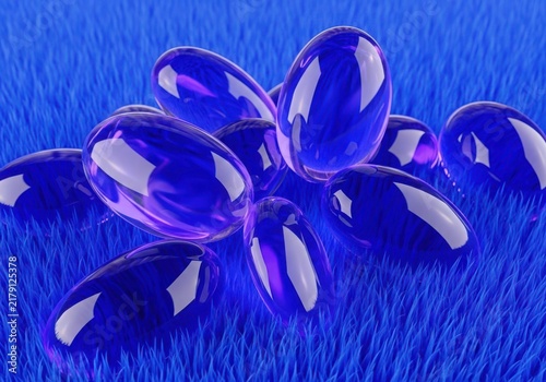 Pile of translucent, deep blue oval capsules resting on a textured, vibrant blue synthetic grass surface with bright reflections