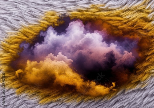 Surreal composition featuring a central cluster of purple and orange clouds framed by a textured border of white and yellow synthetic fur